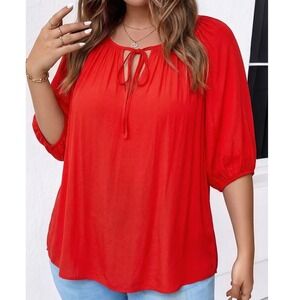 Rachel Rachel Roy Peasant Blouse Womens L Red NEW Tie Neck Puff Sleeve Top